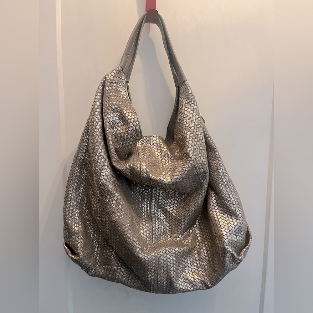 Laura Di Maggio Italian Extra Large Metallic Satchel Gold Leather Hobo Bag